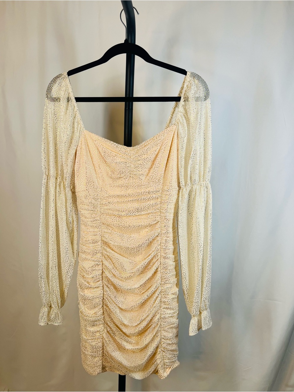 BCBGeneration Champange Ruched Long-Sleeve Mini Dress with Gold Polka Dot.